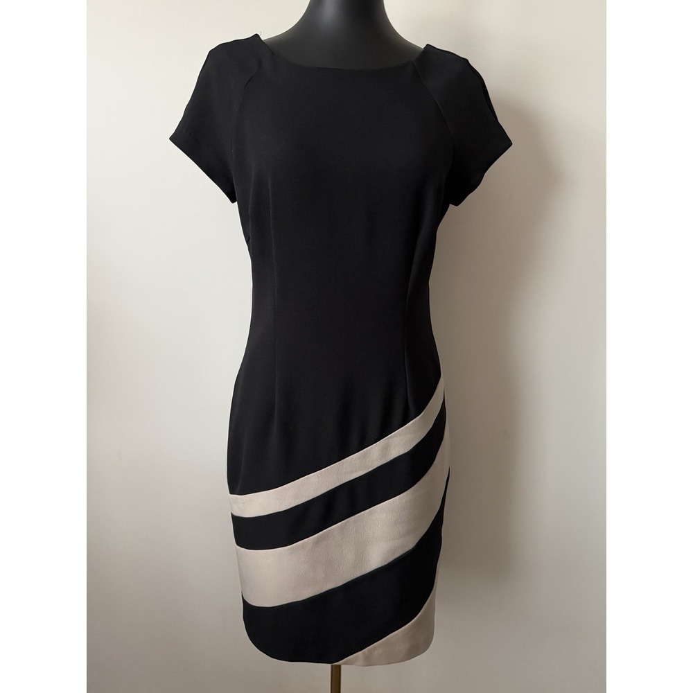 Sandra Darren Women's 10 Black Sheath Dress Diagonal Beige Stripes Career